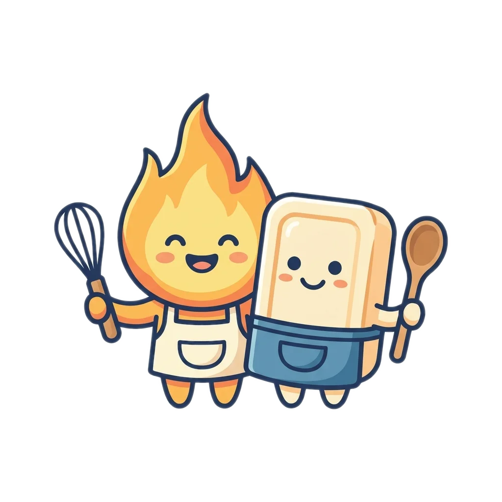 WickWhisk mascots: a little flame with a whisk and a soap bar with a wooden spoon